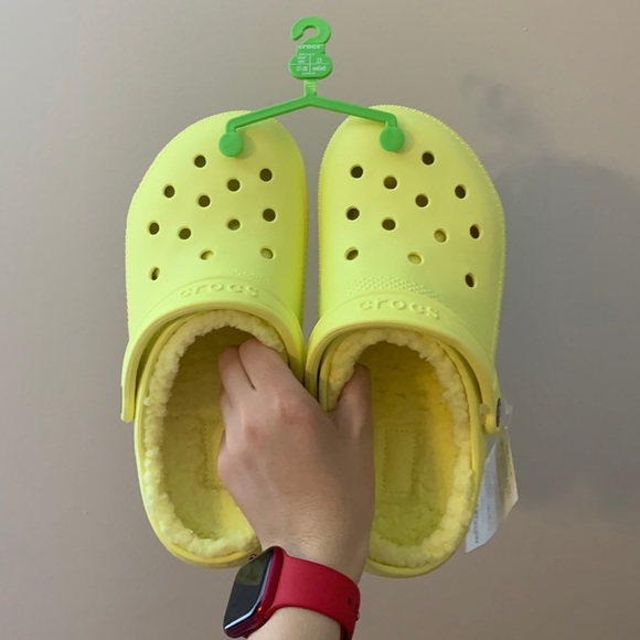 Neon Yellow Fur-Lined Crocs - Picture 1 of 11